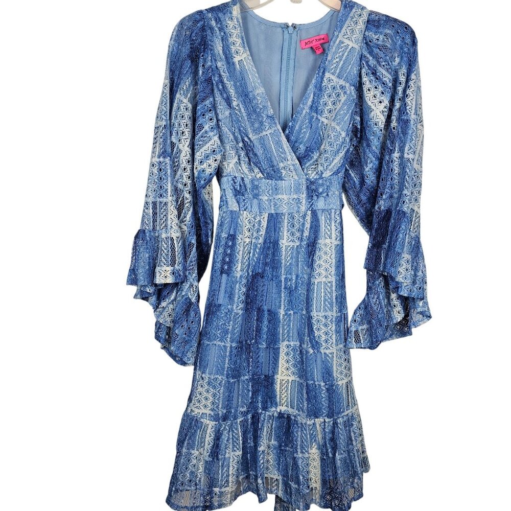 Y2K Betsey Johnson Dress 6 Angel Sleeve Blue White Marble Lace Coquette